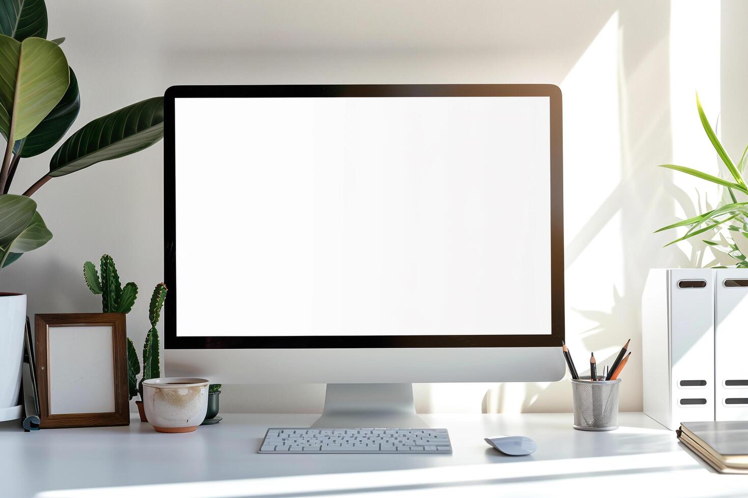 White Desk with Computer Monitor Mockup Featuring Blank Screen for Tech Displays photo
