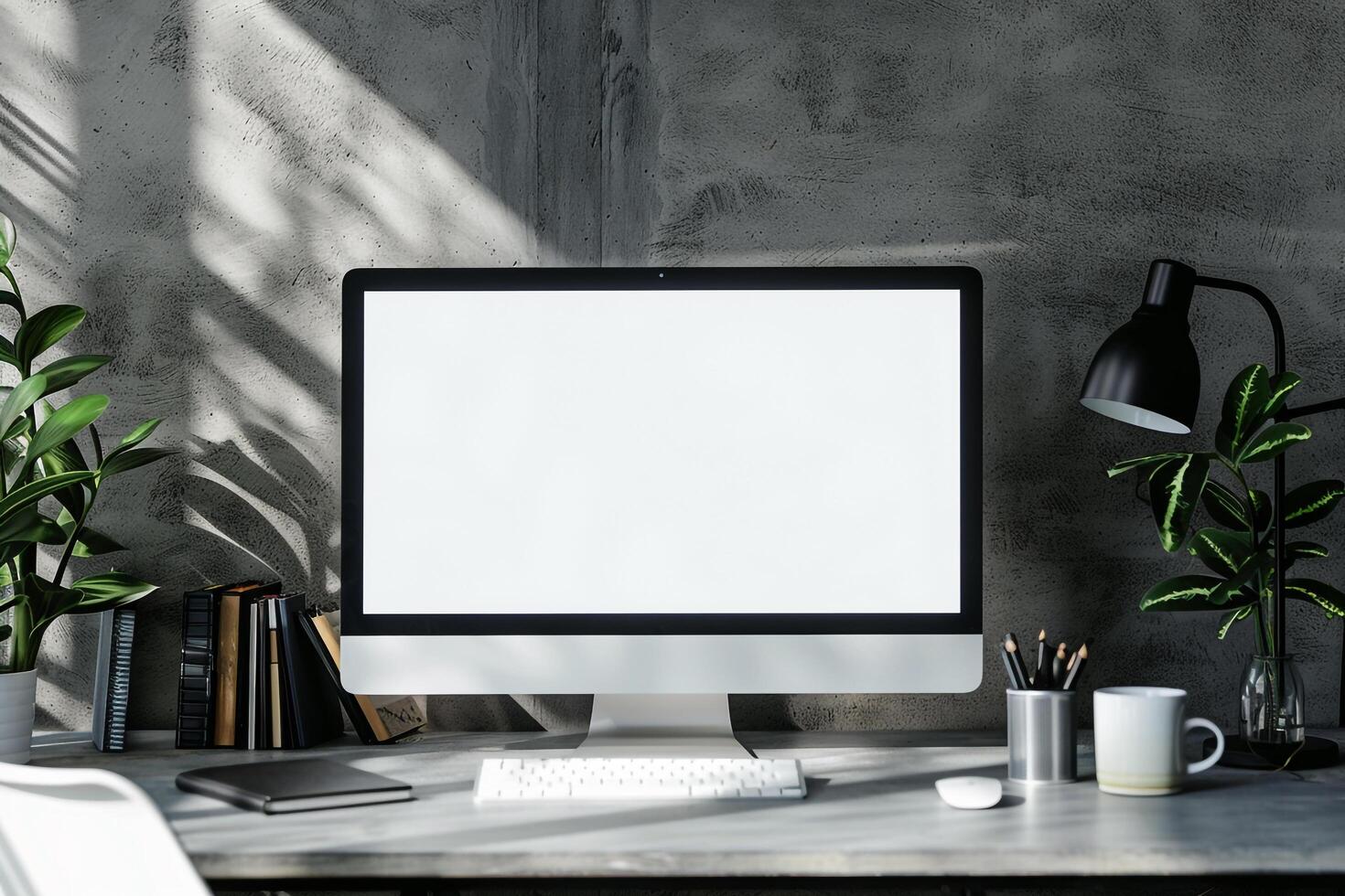 Office Desk with Computer Monitor Mockup Featuring Blank Screen for Digital Use photo