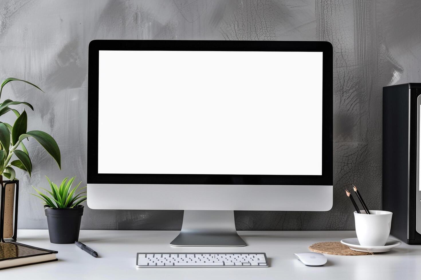 Computer Monitor Mockup with Blank Screen on White Desk for Tech Presentations photo