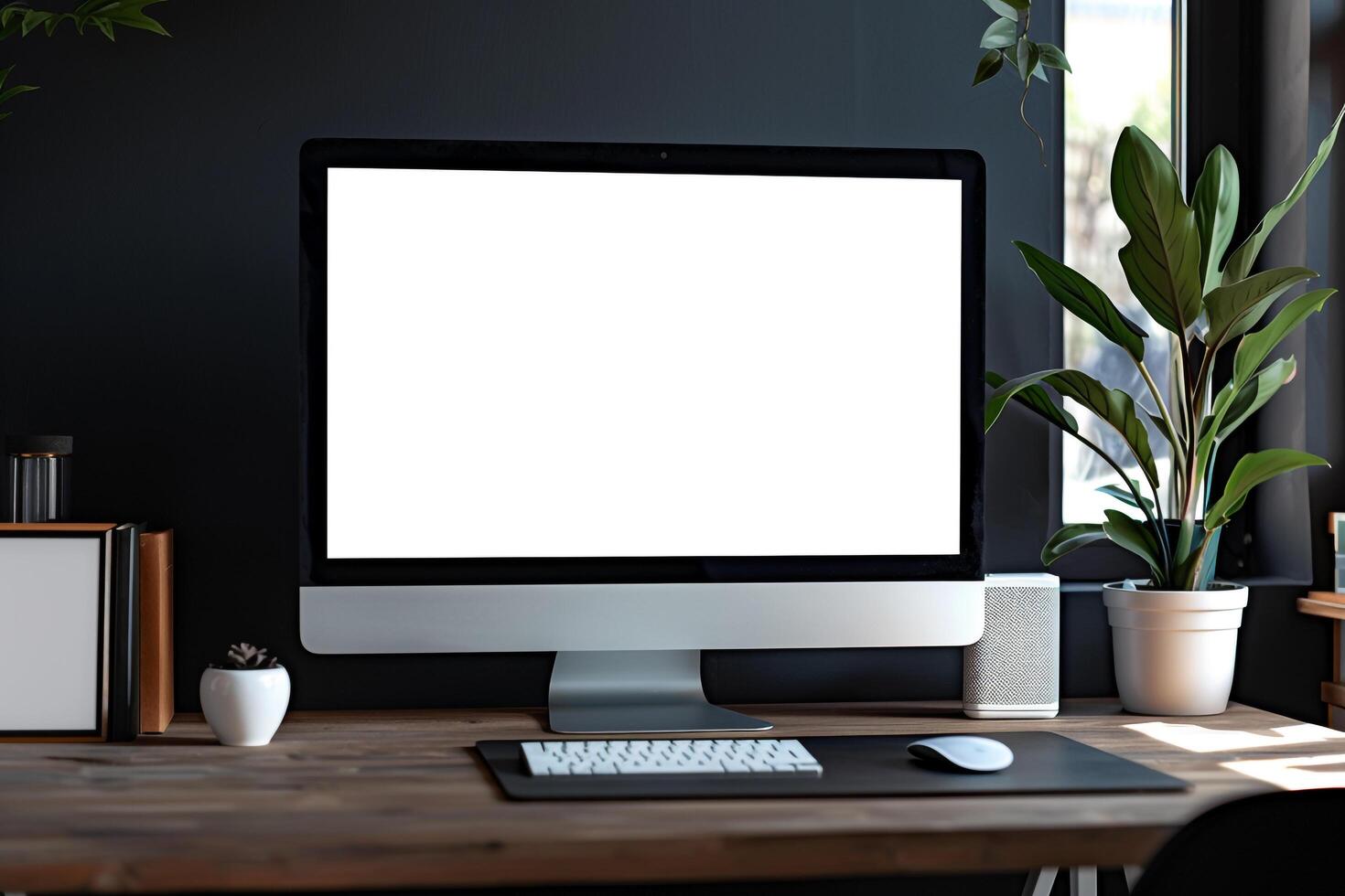 Computer Monitor Display on Work Desk with Plain Background photo