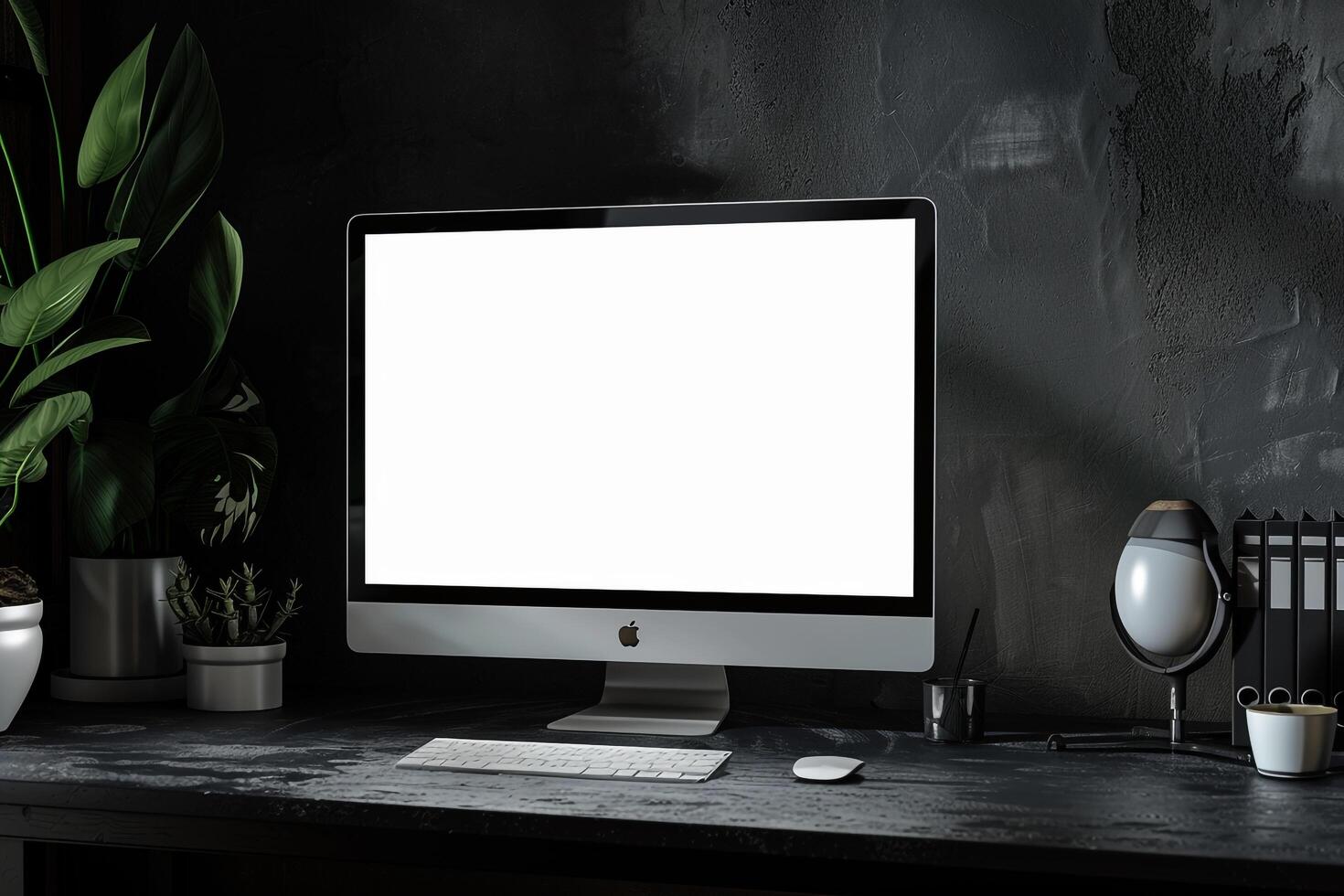 Blank Screen Computer Monitor Mockup on White Desk for Digital Technology Use photo