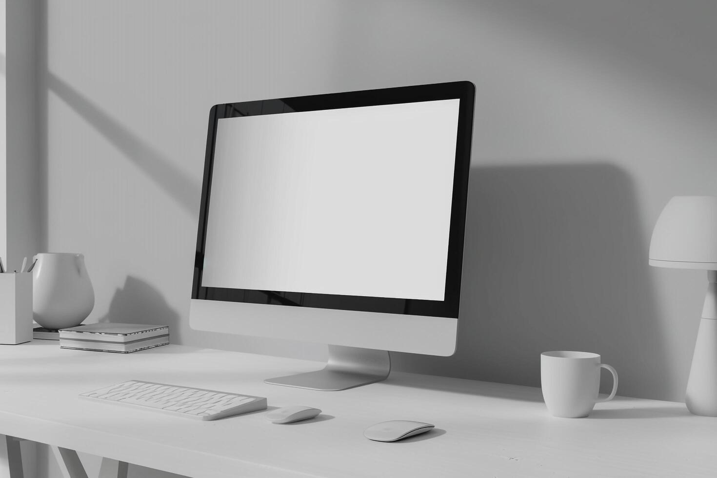 Computer Monitor on Desk with Neutral Surface and   Background photo