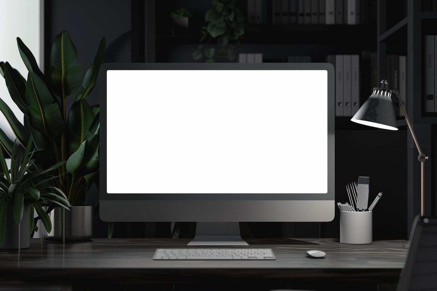 Computer Monitor Mockup on Desk with Neutral Office Background photo
