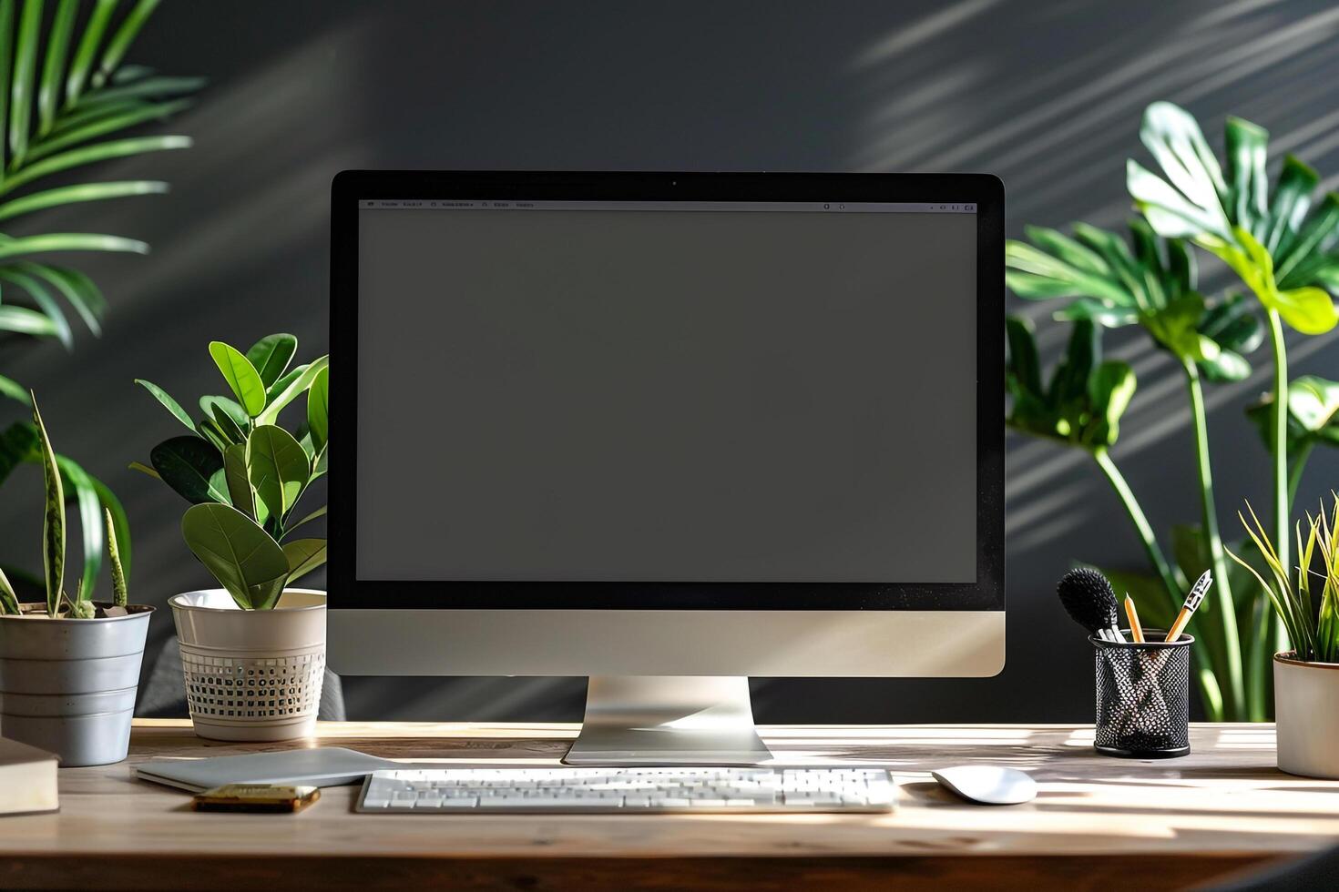 Professional Computer Monitor Mockup with Blank Screen on White Desk photo