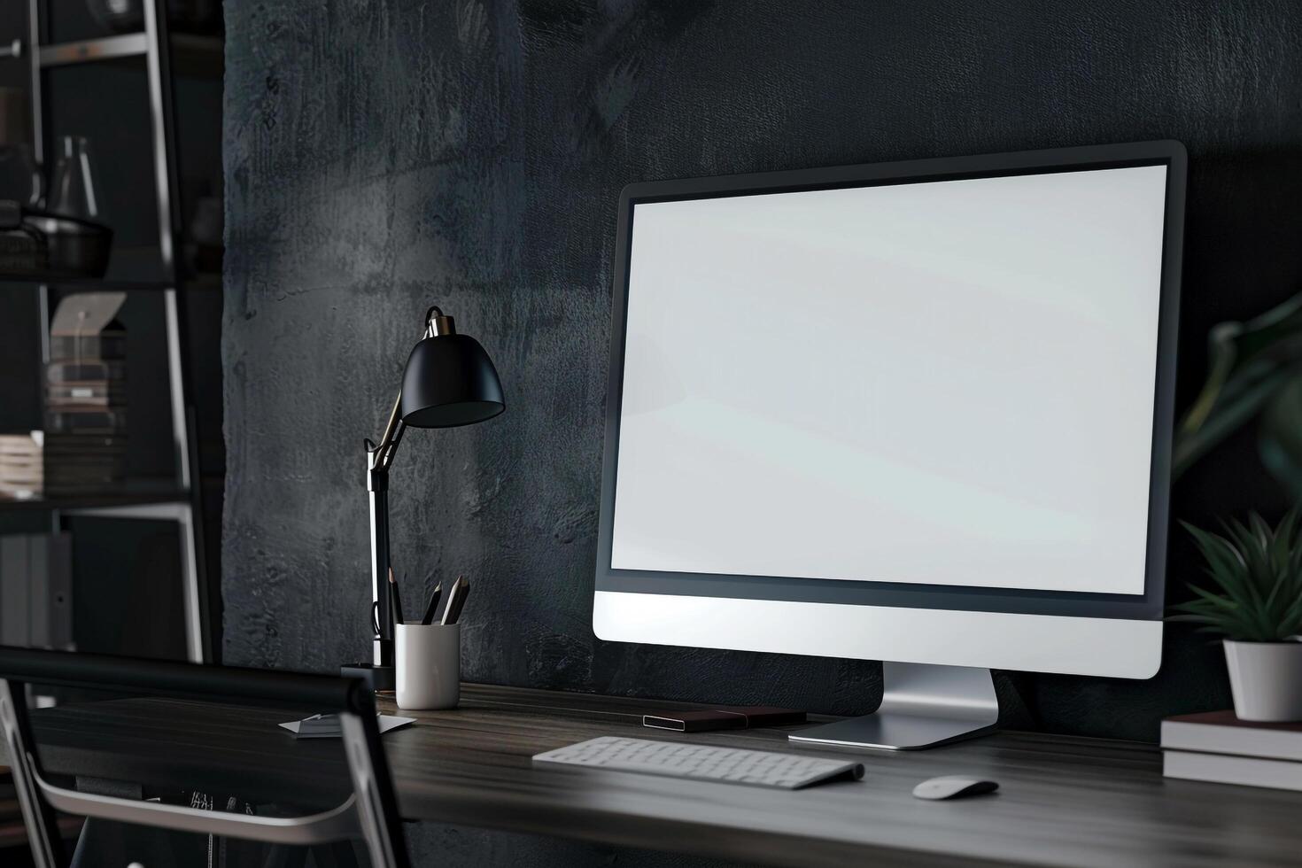 Computer Monitor Mockup with Neutral Background on Office Desk photo
