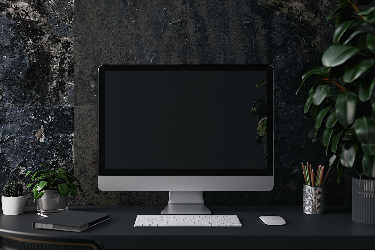 Computer Monitor Display on White Desk with   Background photo