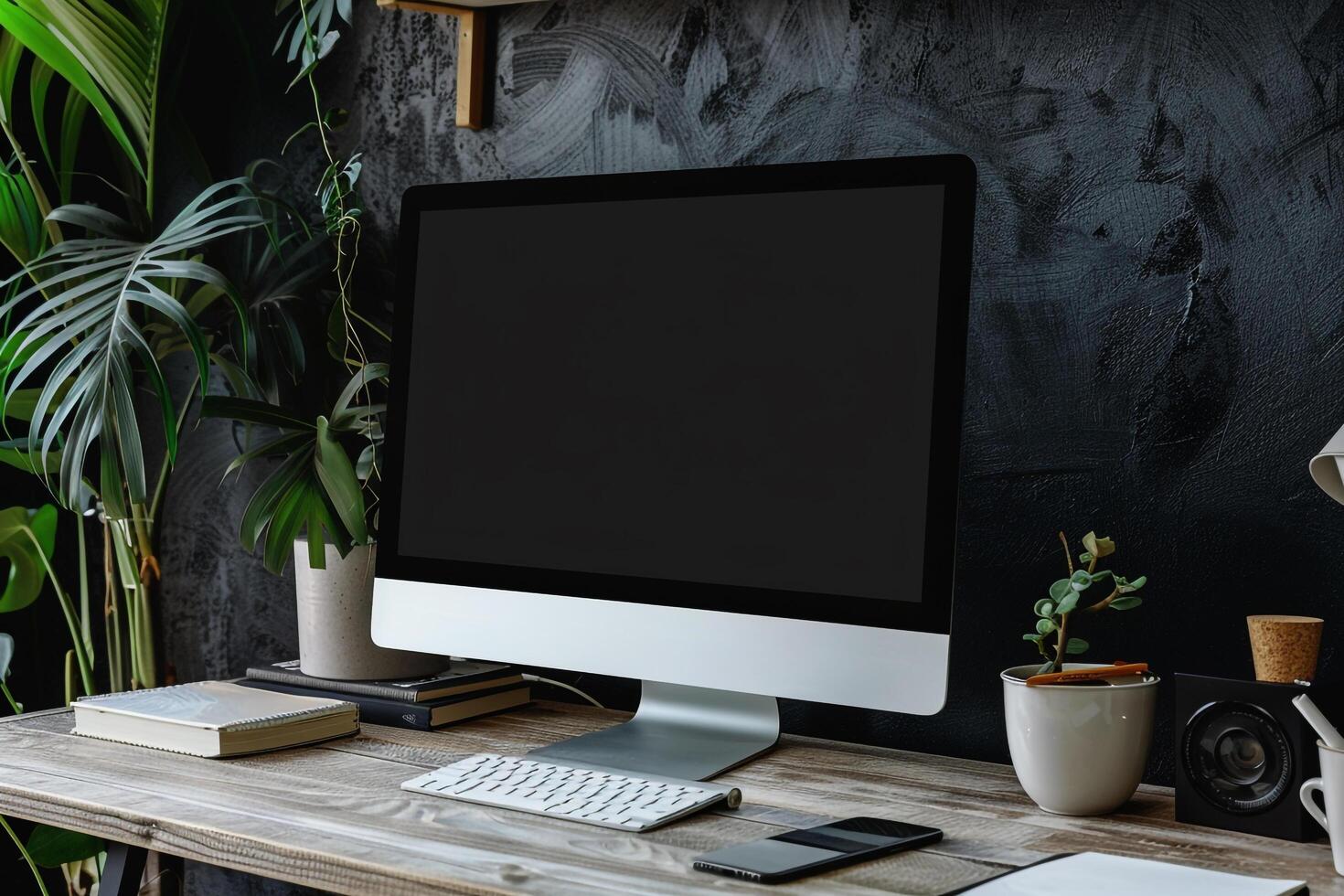 Computer Monitor Display on White Desk with Neutral Tech Background photo