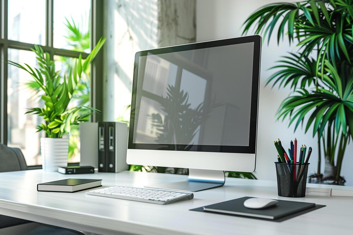 Computer Monitor Mockup with Office Supplies on White Desk for   Work photo