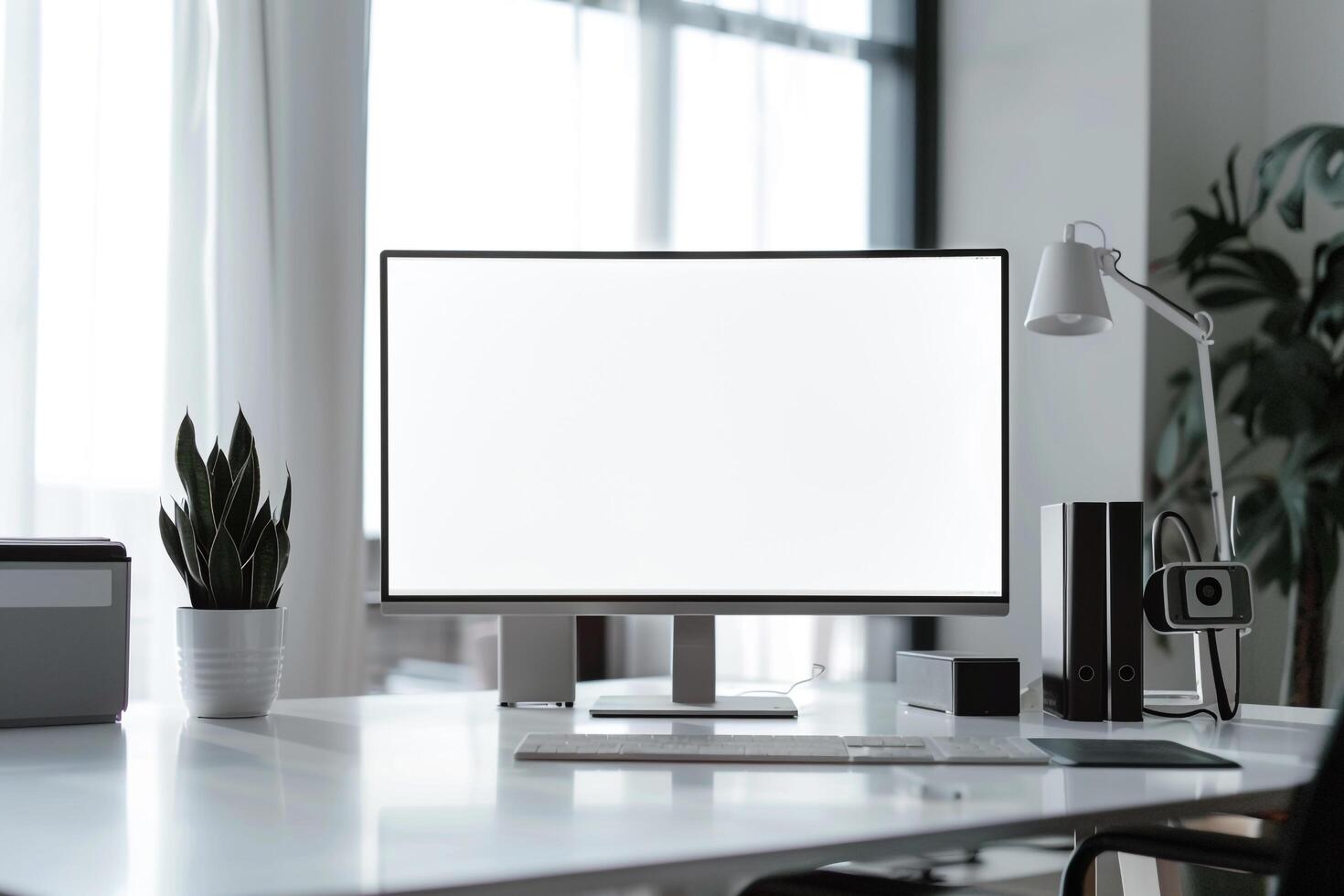 Computer Monitor Mockup with Office Supplies on White Table for Digital Work photo