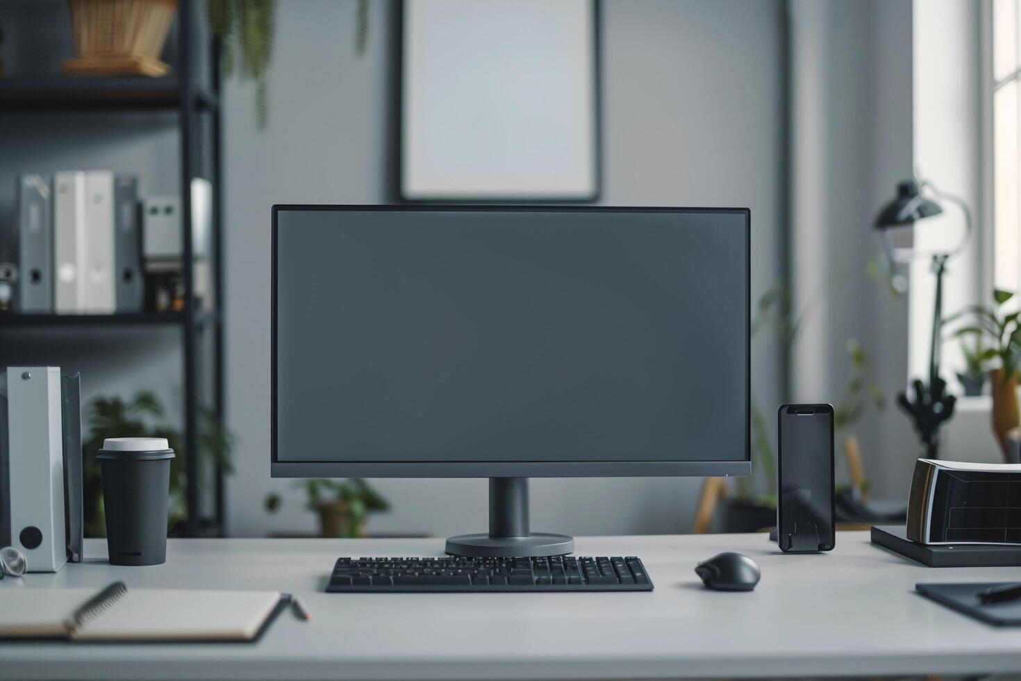 Computer Monitor Mockup with Office Supplies on White Desk for Digital Setup photo