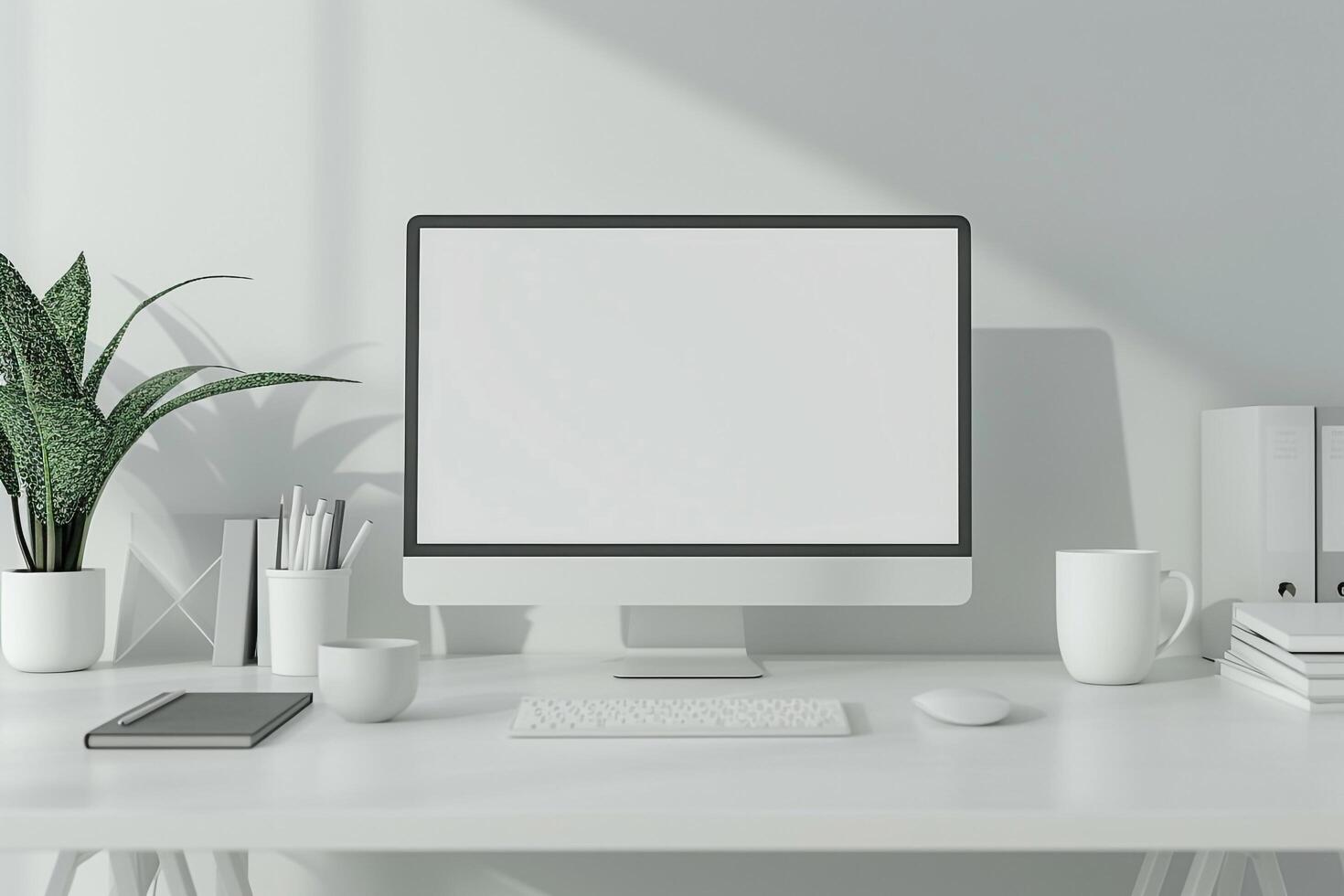 Computer Monitor Mockup with Office Supplies on White Desk for Professional Use photo