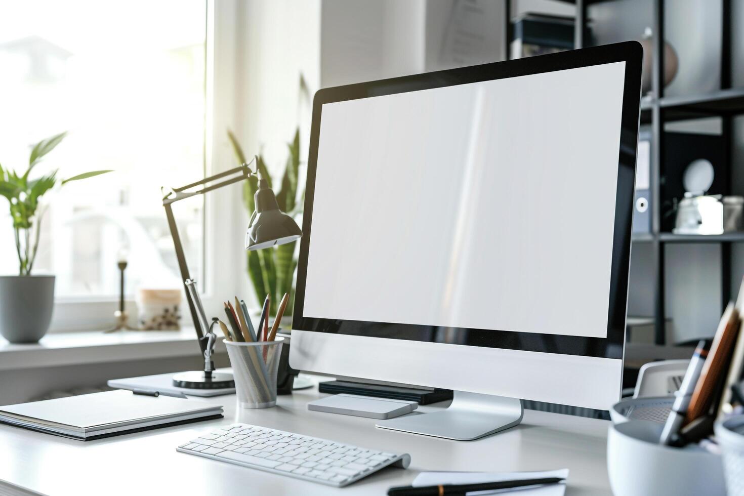 Computer Monitor Mockup with Office Supplies on White Desk for Digital Use photo