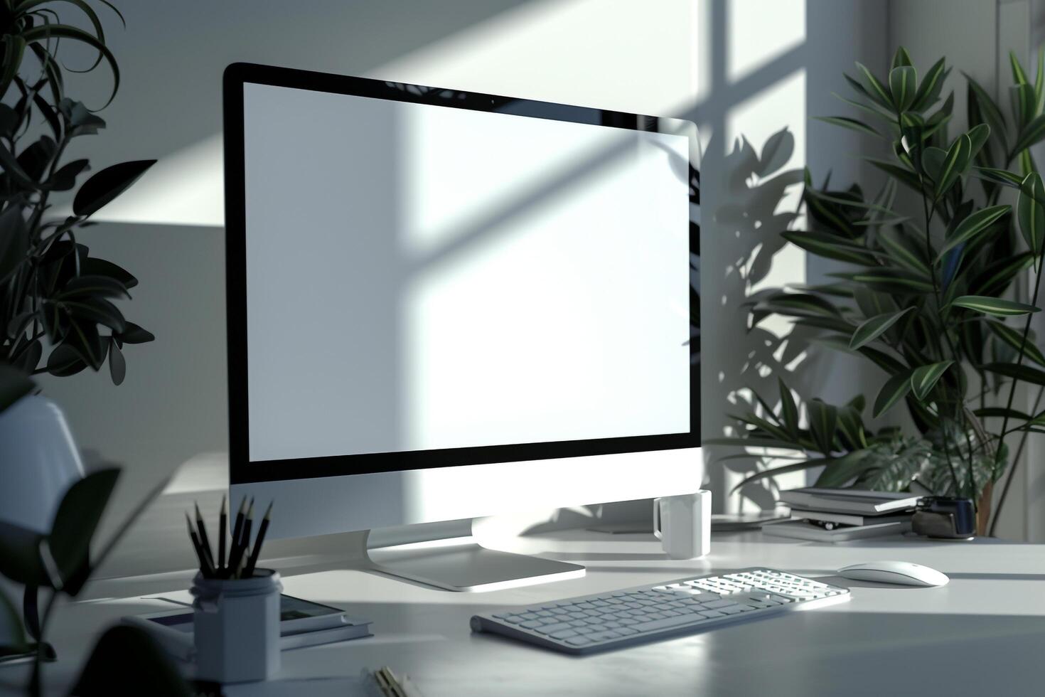 Computer Monitor Mockup with Office Supplies on White Desk for Tech Projects photo
