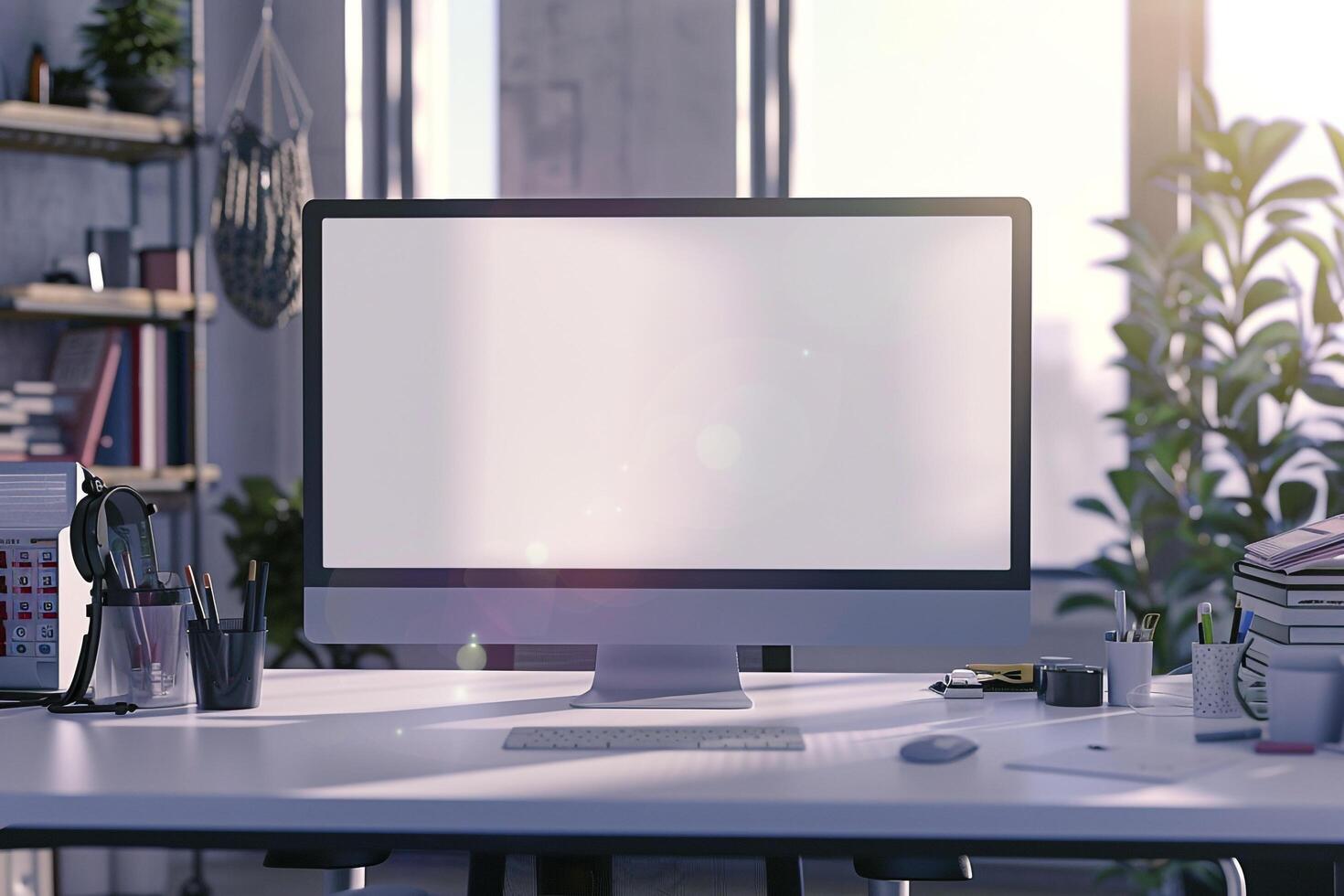 Computer Monitor Mockup with Office Supplies on White Table for Tech Setup photo