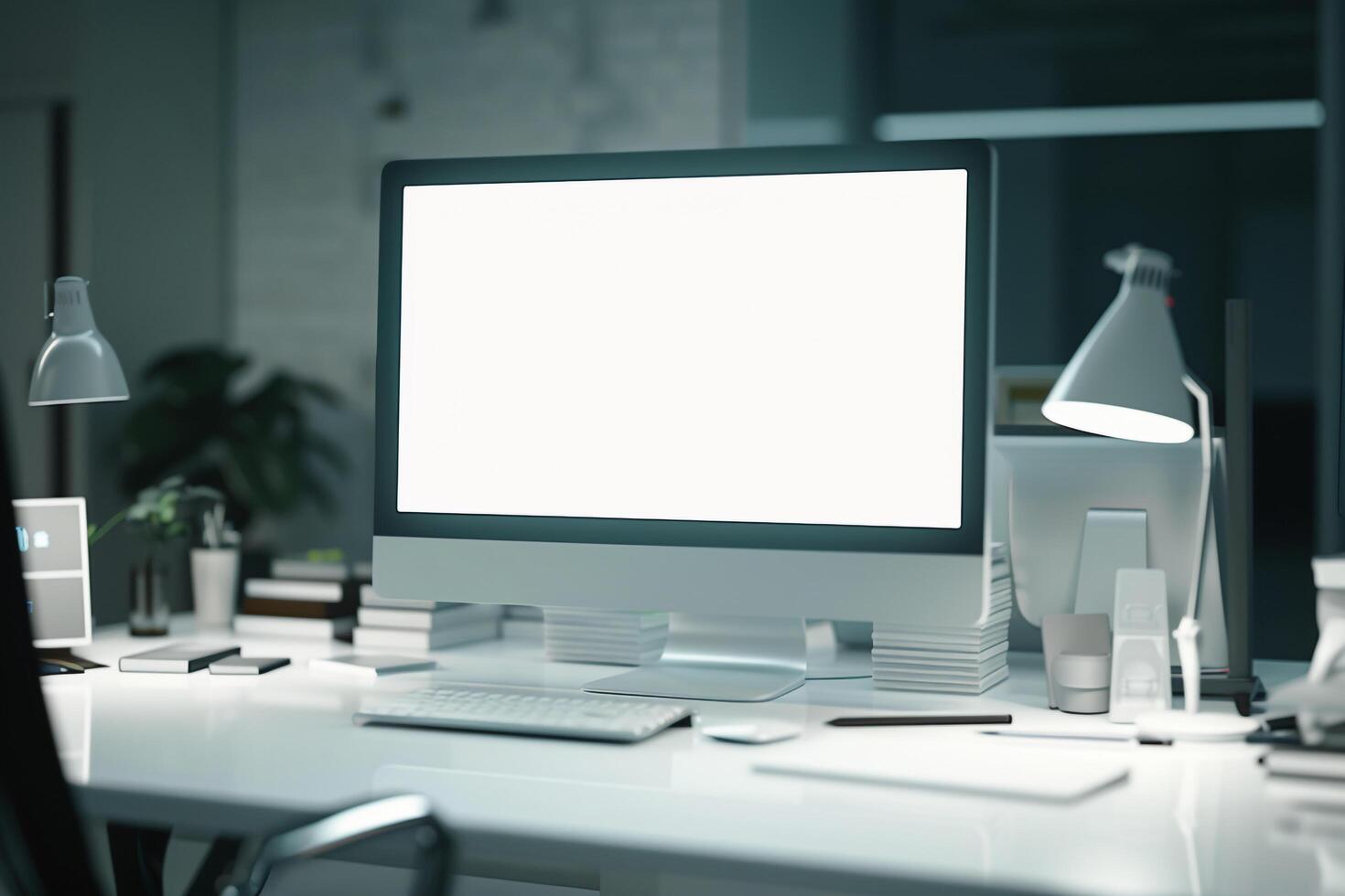 Computer Monitor Mockup with Office Supplies on White Desk for Tech Setup photo