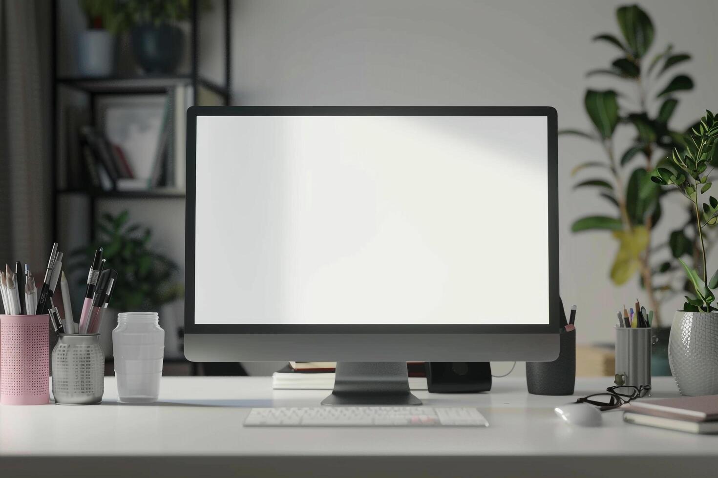 Computer Monitor Mockup with Office Supplies on White Desk for   Work photo