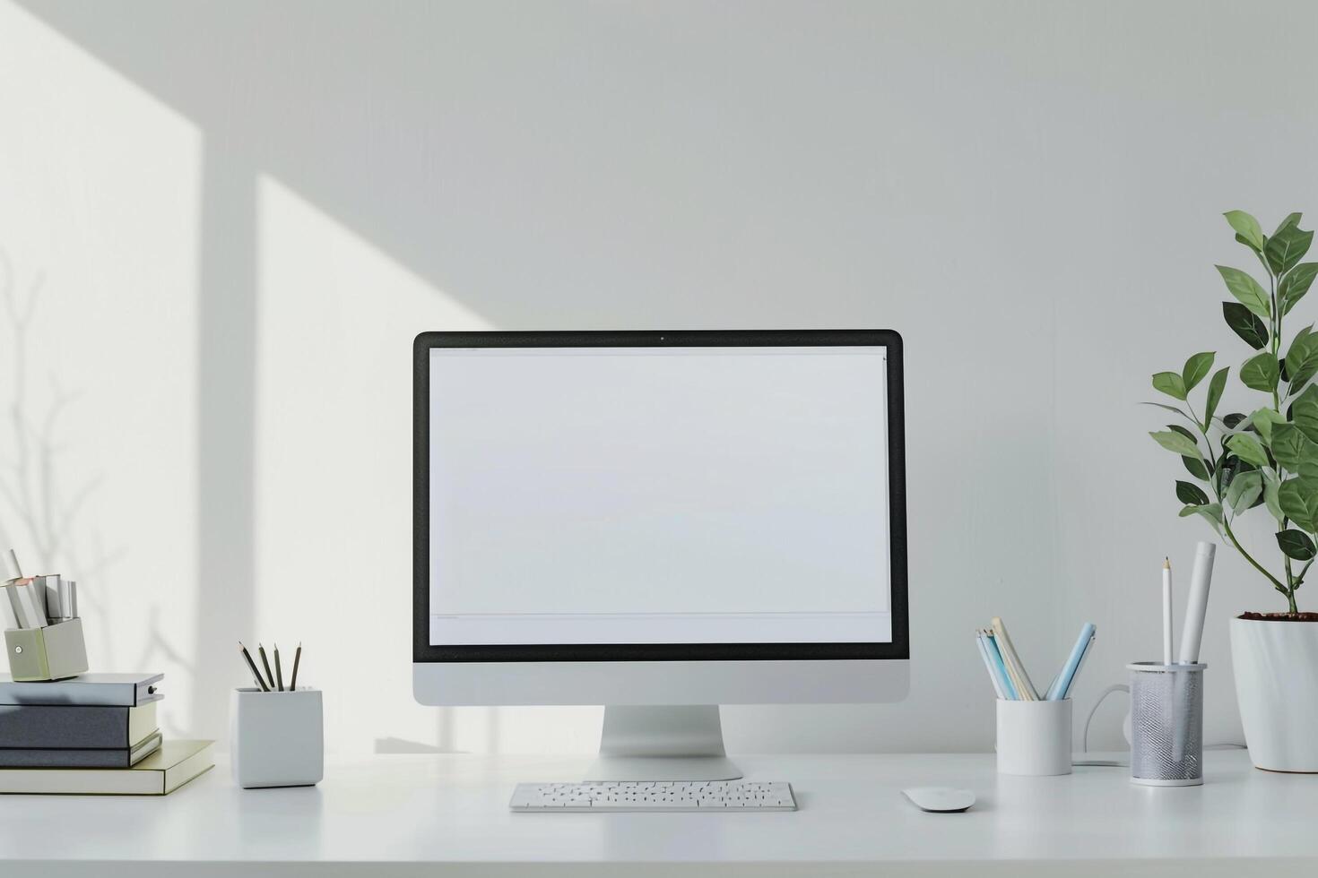 Computer Monitor Mockup with Office Supplies on White Desk for Professional Projects photo