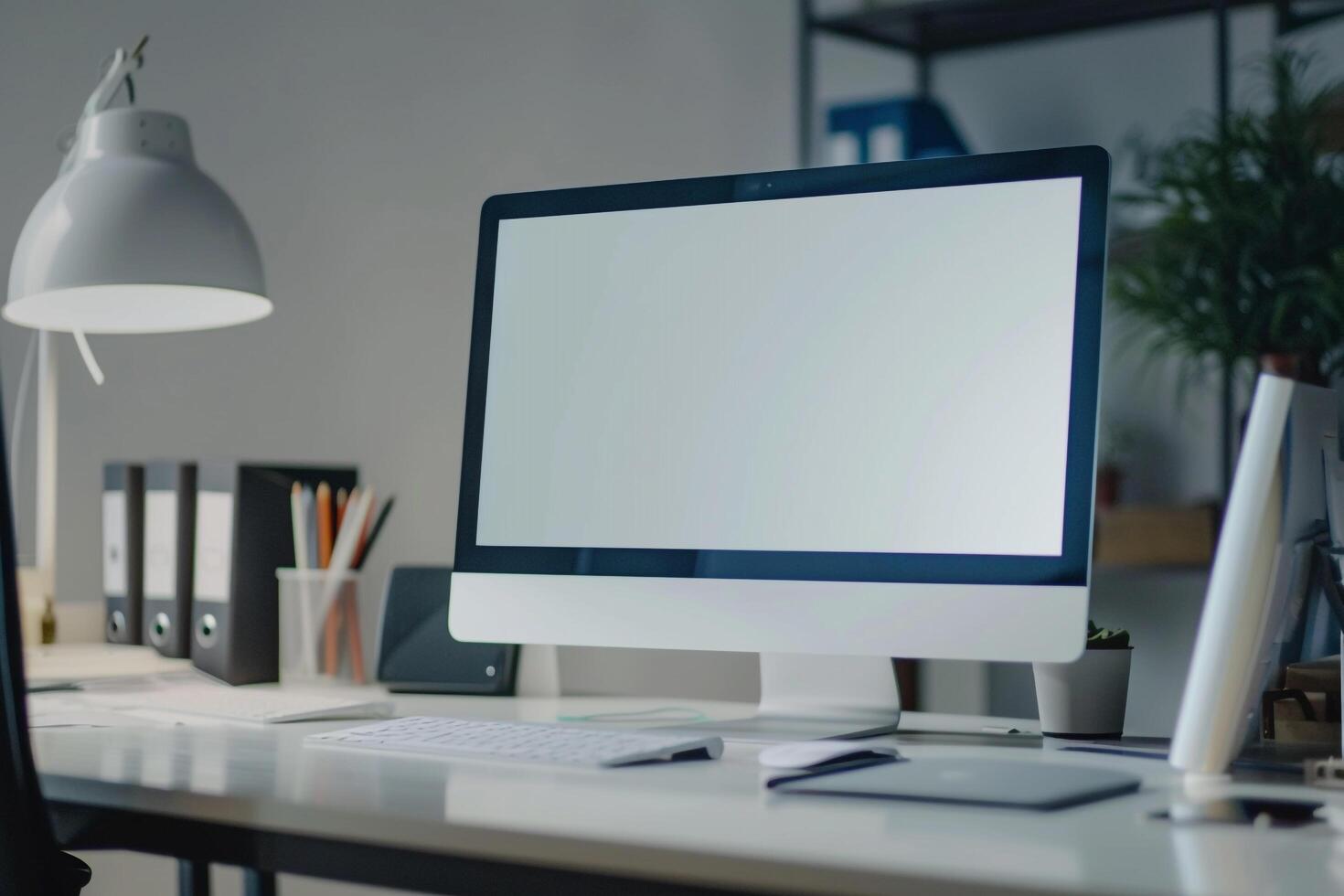 Computer Monitor Mockup with Office Supplies on White Desk for   Projects photo