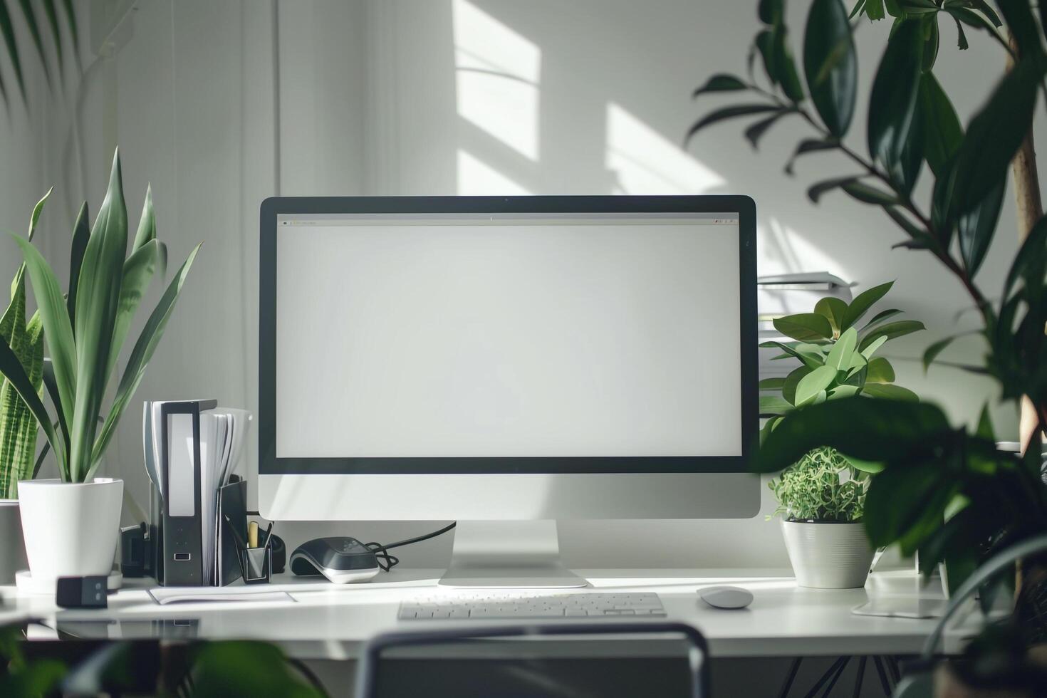 Computer Monitor Mockup with Office Supplies on White Desk for Tech Use photo