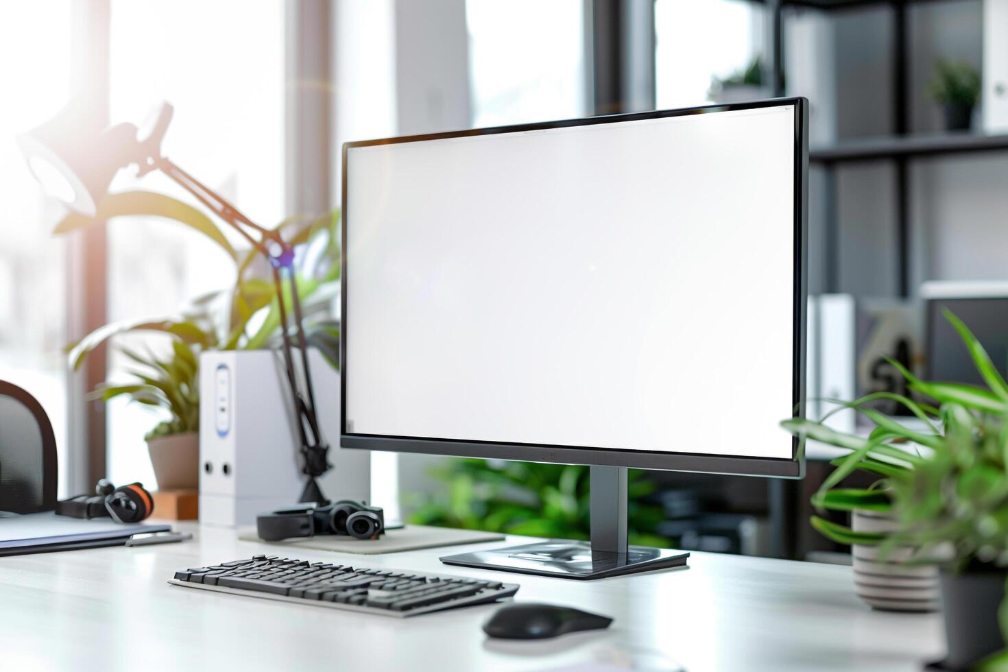 Computer Monitor Mockup with Office Supplies on White Desk for   Display photo