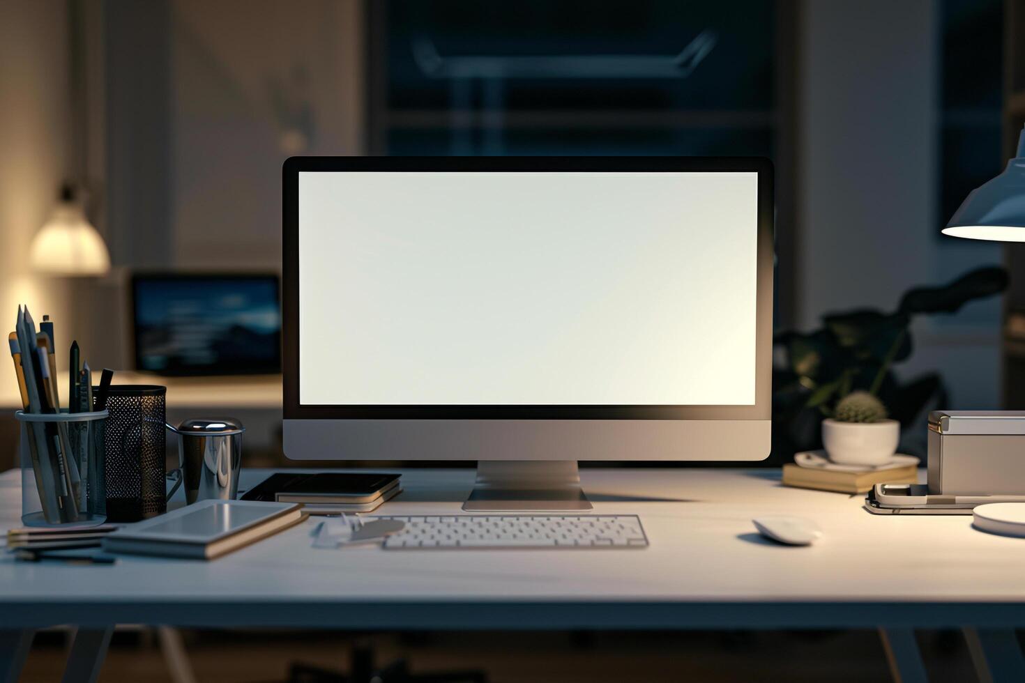Computer Monitor Mockup with Office Supplies on White Desk for Digital Projects photo