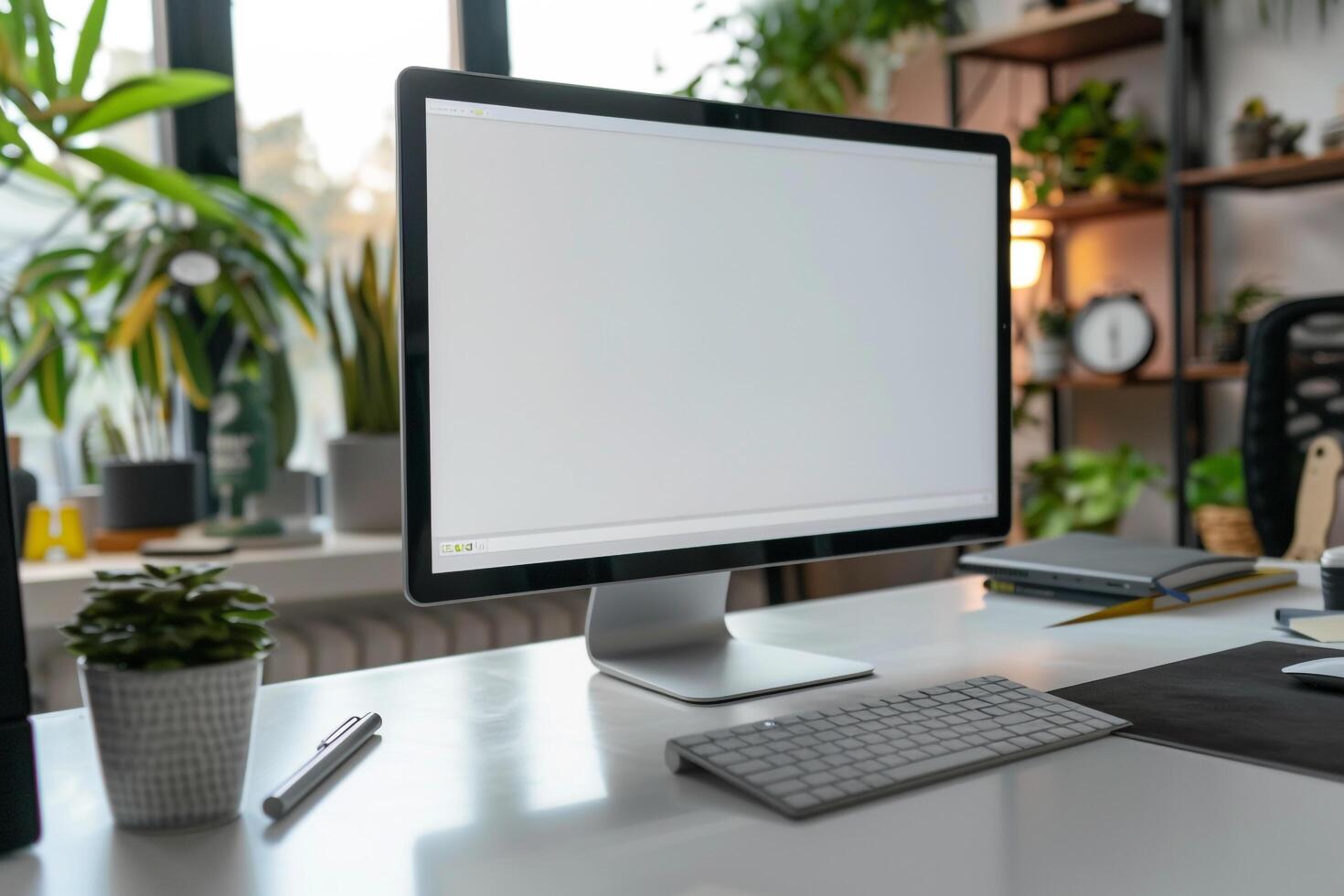 Computer Monitor Mockup with Office Supplies on White Desk for Tech Setup photo