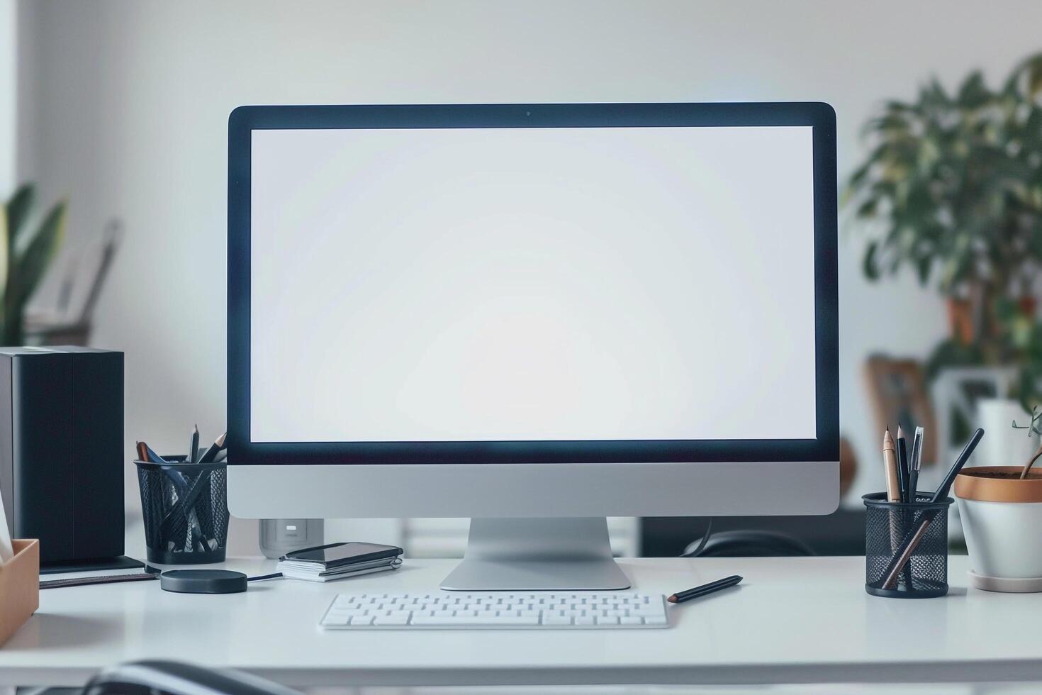 Computer Monitor Mockup with Office Supplies on White Desk for Professional Setup photo