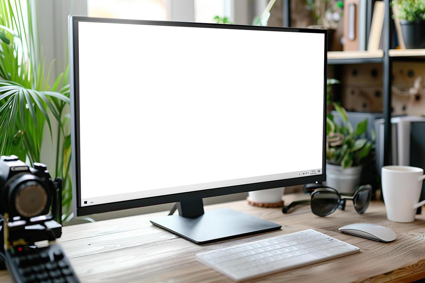 Desktop Computer Mockup on White Desk with Office Items photo