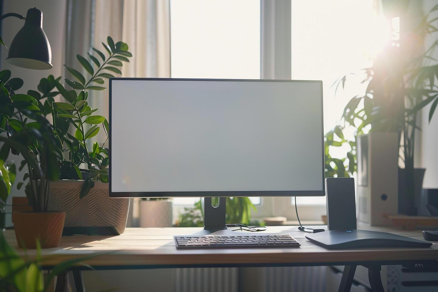 Desktop Computer Mockup on White Desk with Office Supplies and Equipment photo