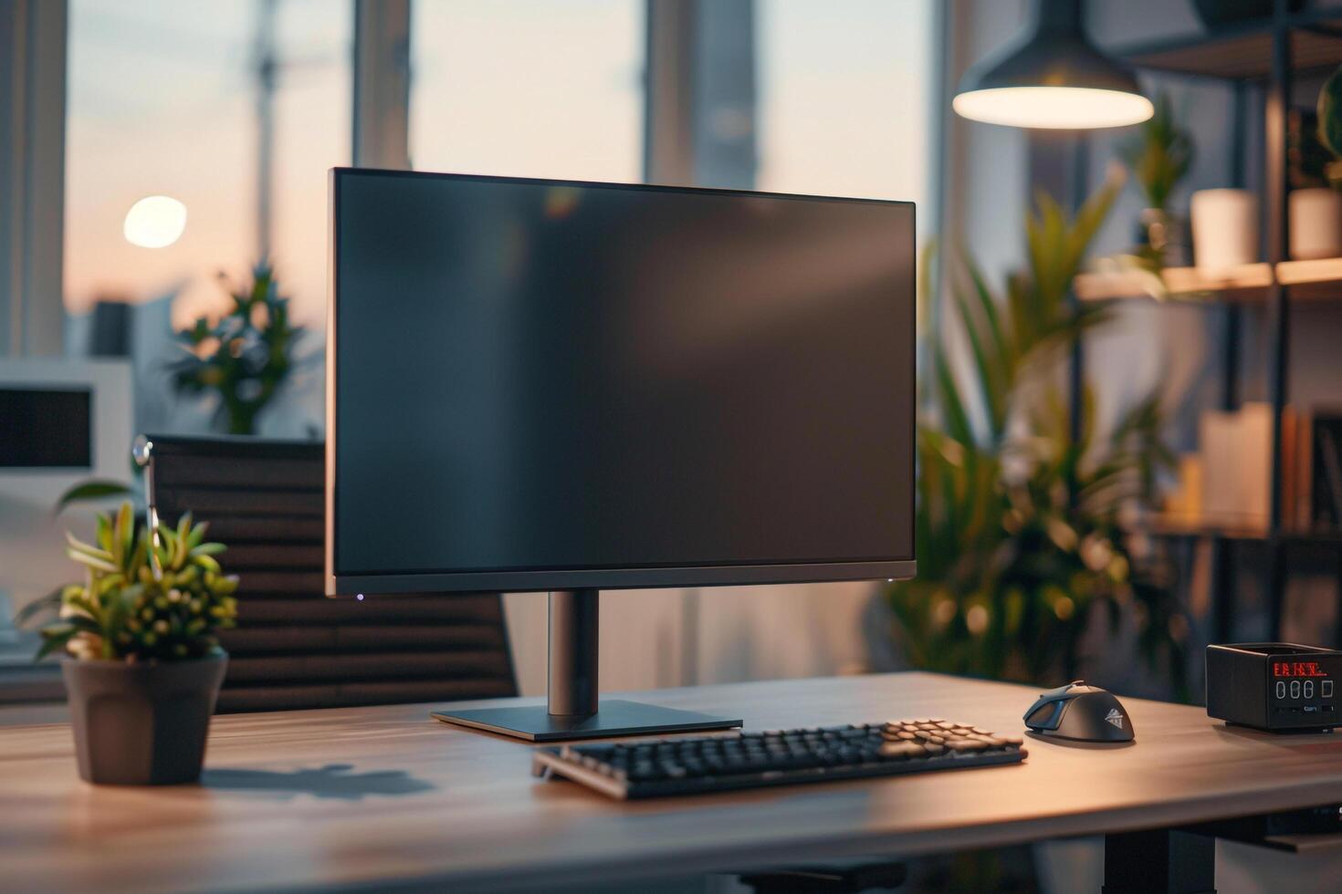 Desktop Computer Mockup on White Desk with Office Supplies photo