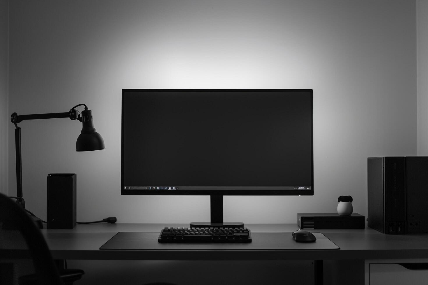 Desktop Computer Mockup on   White Desk with Tech Accessories and Office Supplies photo