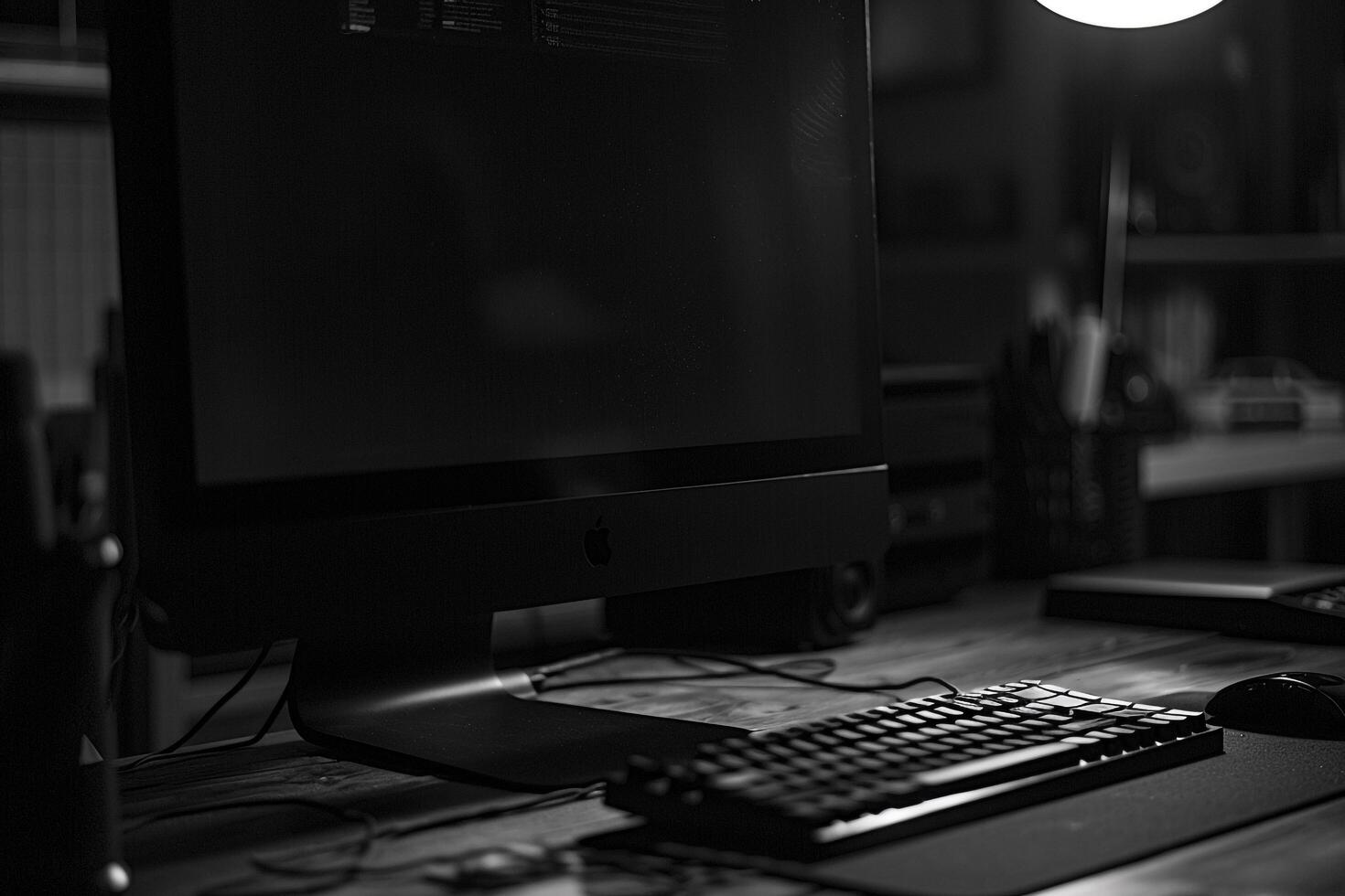 Noir Themed Desktop Computer Mockup with Glossy Finish photo