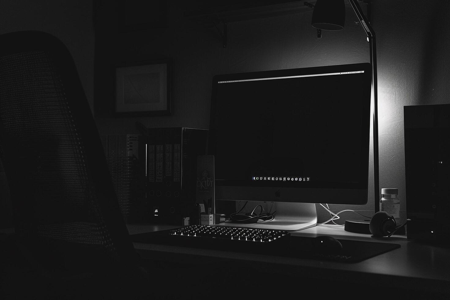 Noir Inspired Desktop Computer Mockup with Sleek Black Surface and Tech Elements photo
