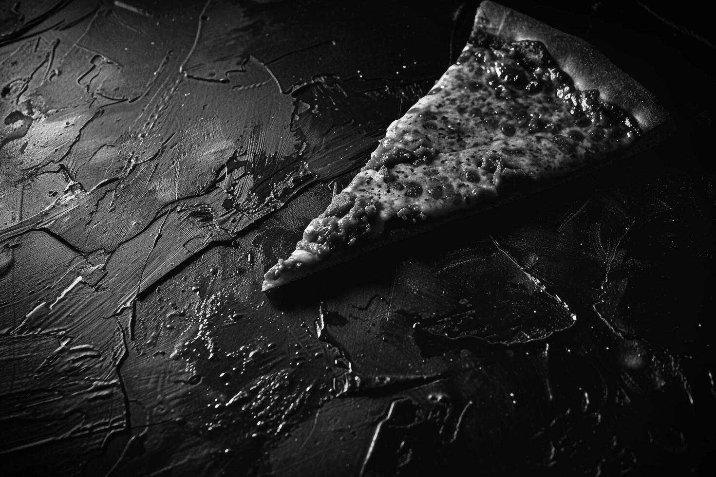 Slice of Pizza with White Cheese and Lighting Effects on Dark Background photo