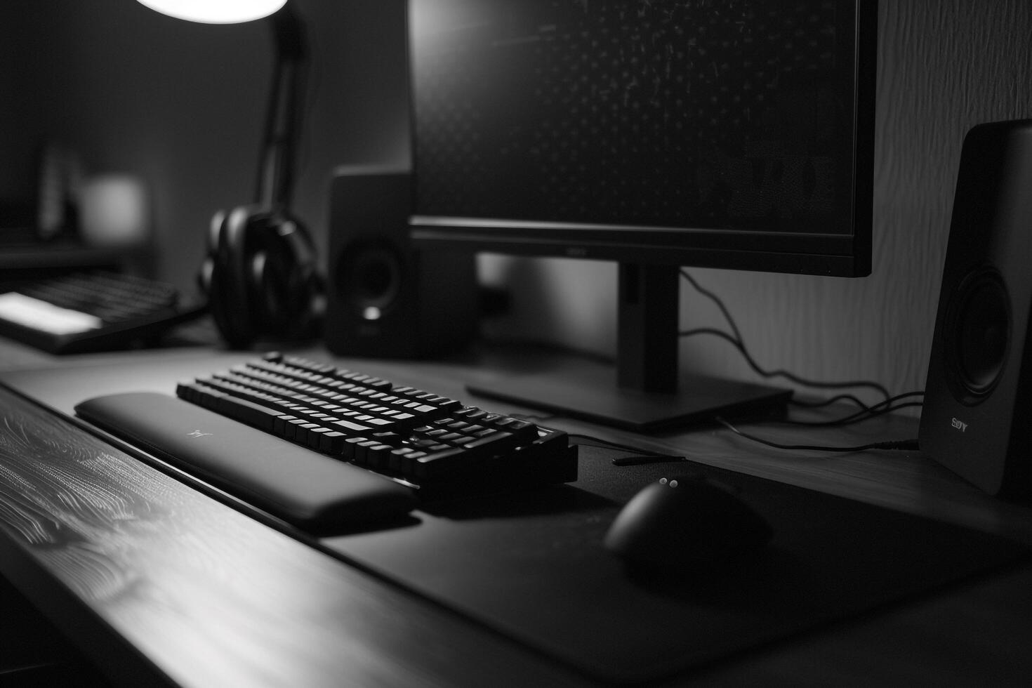Noir Desktop Computer Mockup with Glossy Black and Refined Design photo