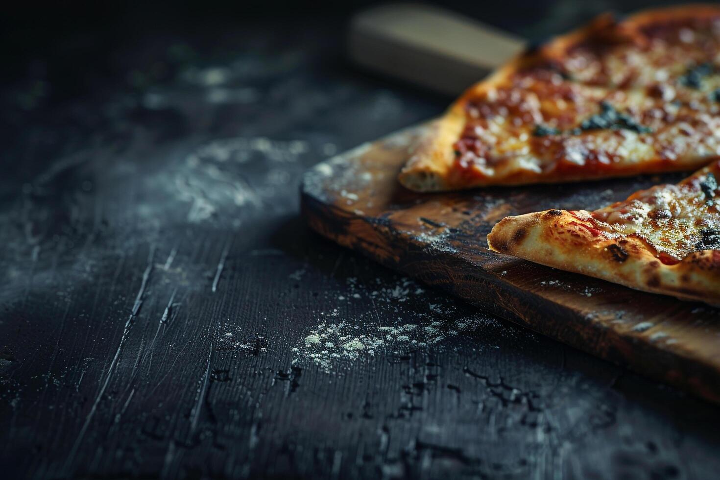 Rustic Wooden Board Featuring Slice of Pizza with Delicious Toppings photo