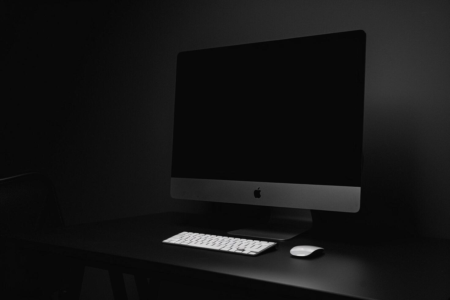 Noir Themed Desktop Computer Mockup with Sharp Black Surface and   Design photo