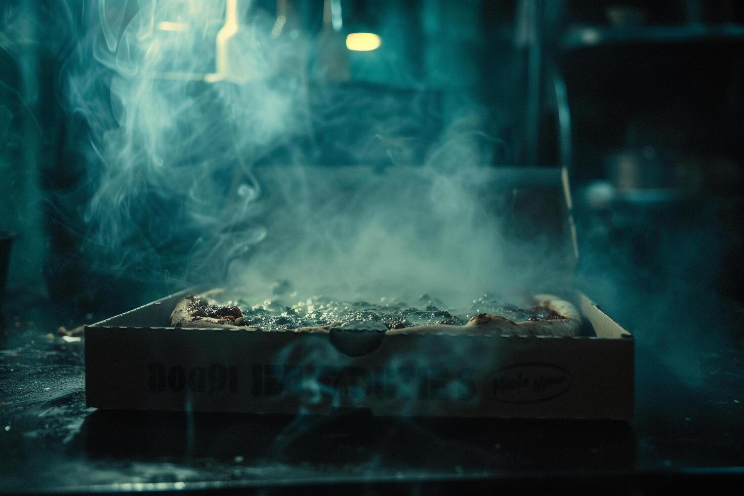 Pizza Box with Rising Steam Under Moody Lighting photo