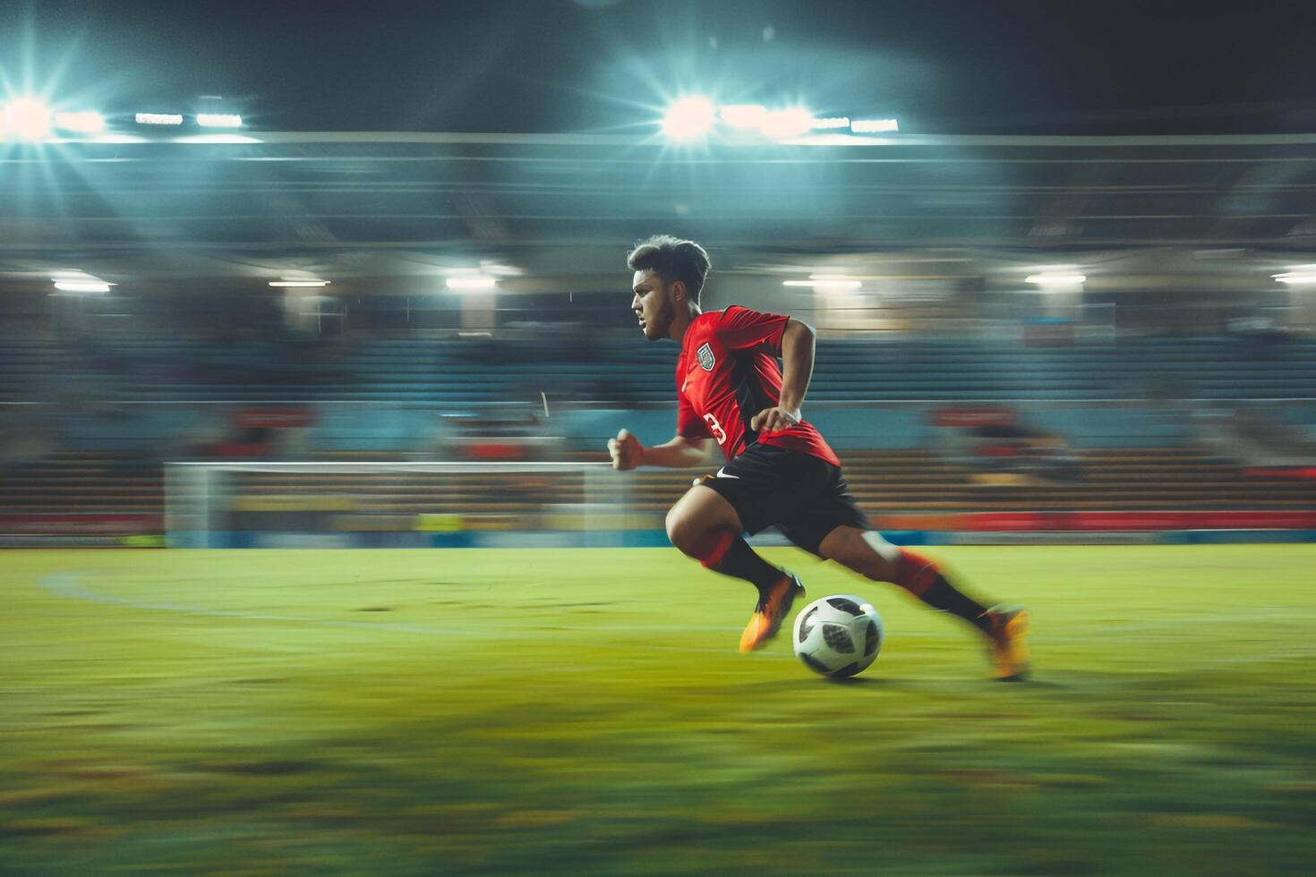Player Running with Ball in Empty Stadium and Red Background photo