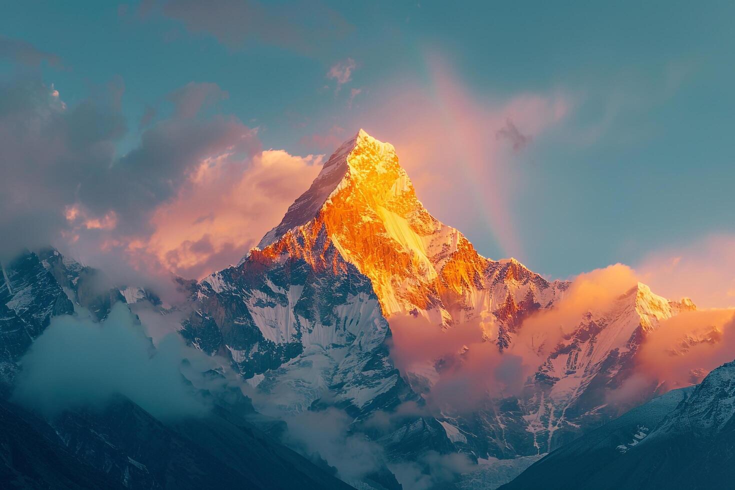 Mountain Peak Illuminated by Gentle Morning Light with a Stunning Rainbow Over a Lush Landscape photo