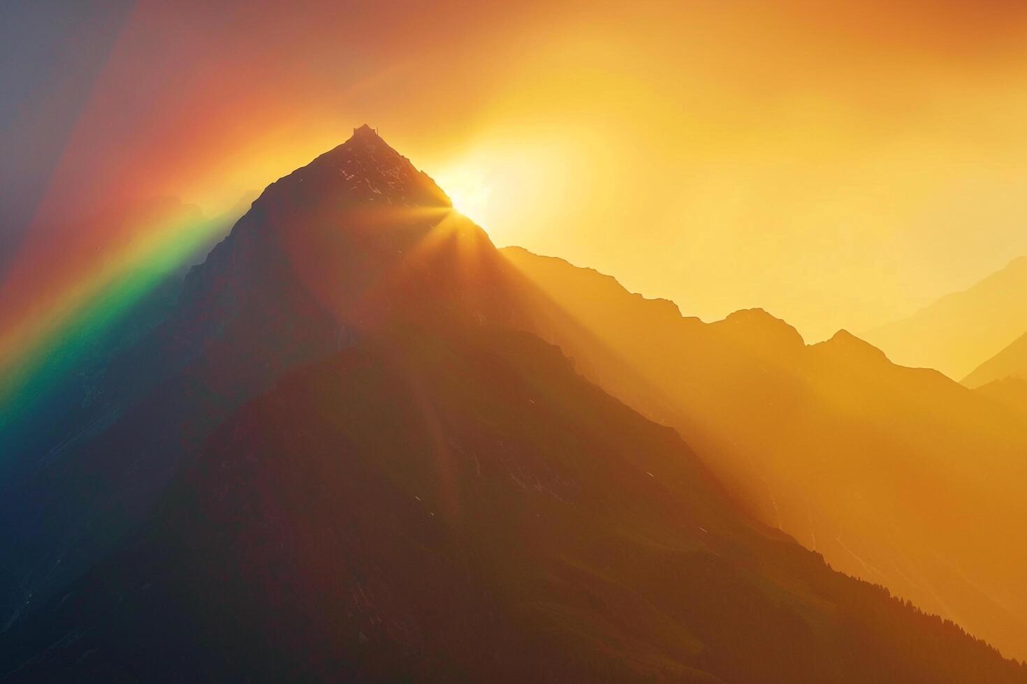 Mountain Peak Highlighted by Morning Light and Rainbow with a Scenic Background in a Beautiful Natural photo