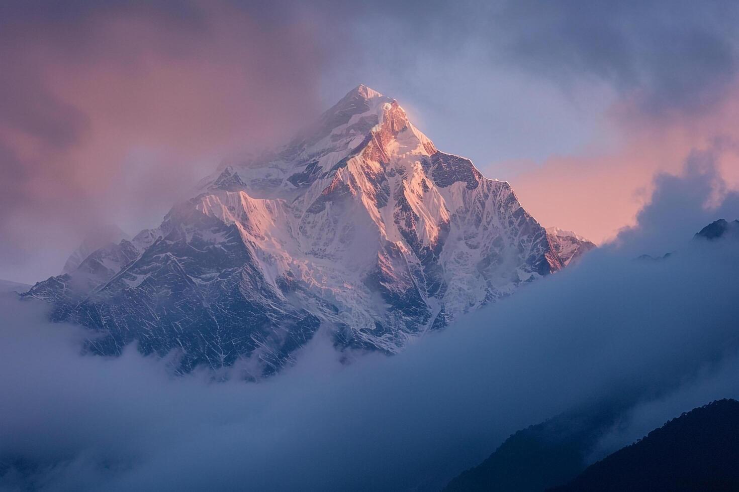 Snow Capped Mountain Peak at Dawn with Mist Swirling Around in a Stunning Winter Wonderland photo