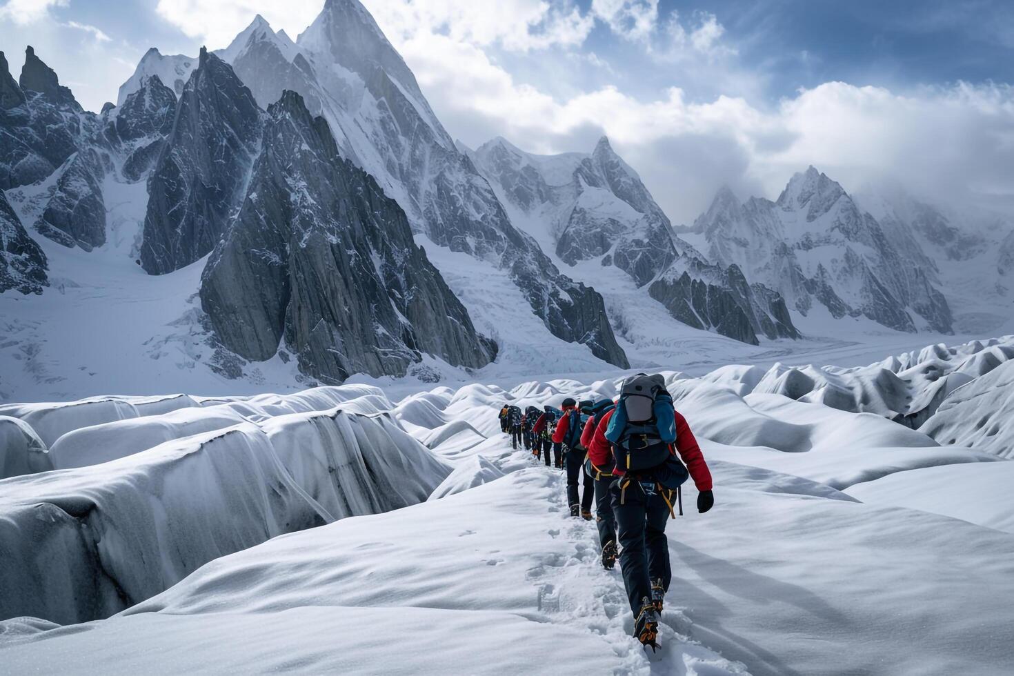 Mountaineers Traversing a Glacier with Towering Peaks and an Awe Inspiring Mountain  Background photo