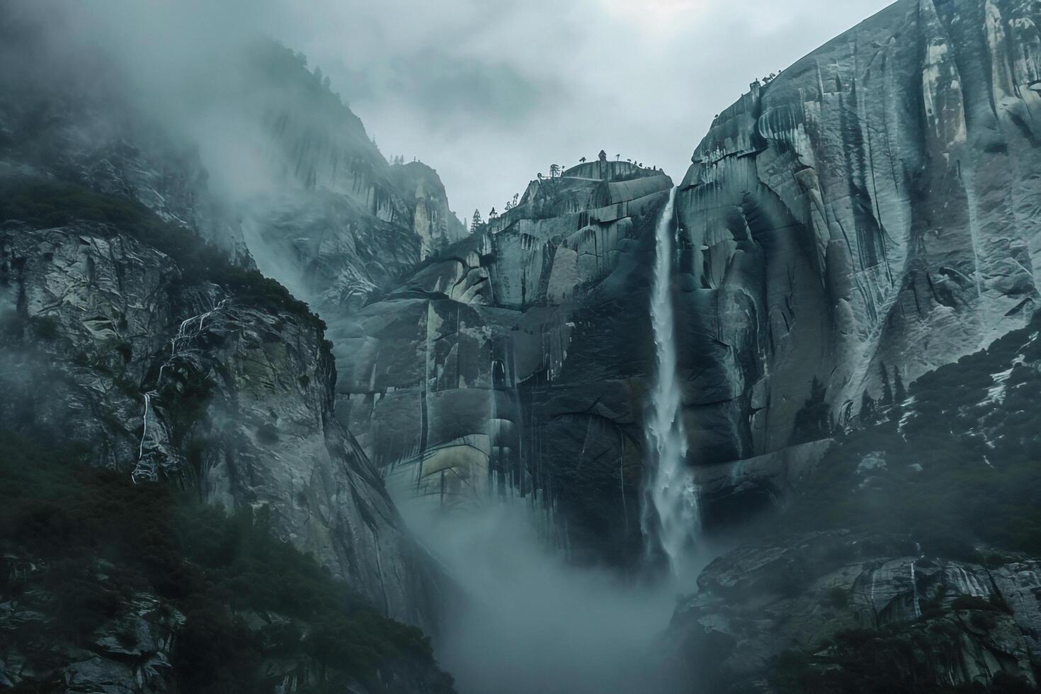 Towering Waterfall Cascading Down Rugged Cliffs in Yosemite National Park with a Majestic photo