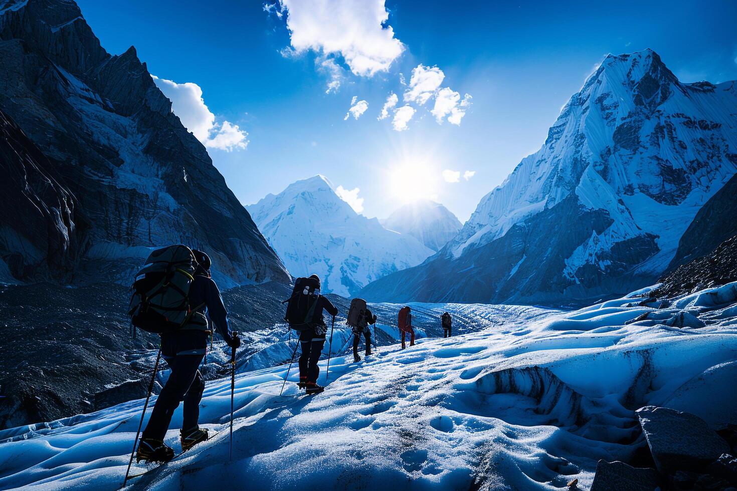 Mountaineers Traversing a Glacier with Towering Peaks and Majestic Alpine  ry photo