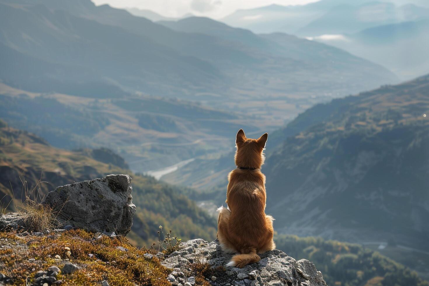 Dog Sitting on a Mountain Ridge Overlooking a Vast Valley photo