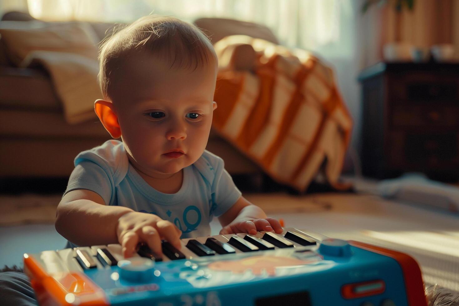 Baby Interacting with a Toy Piano Discovering Music and Enjoying the Sounds photo