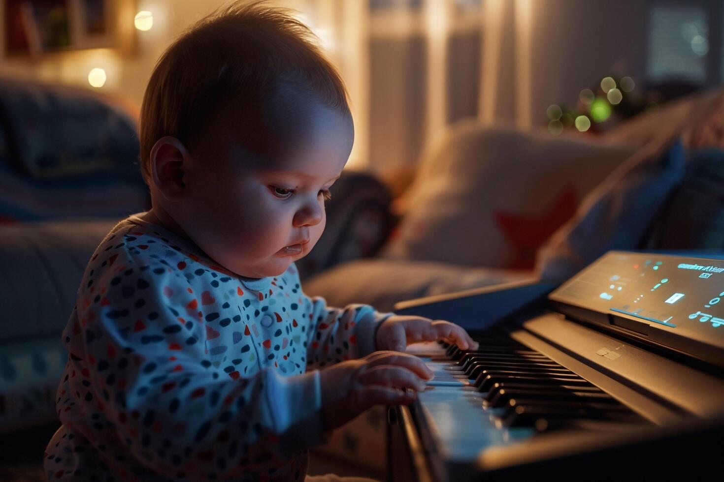 Baby Interacting with a Toy Piano Creating Joyful Melodies and Musical Fun photo
