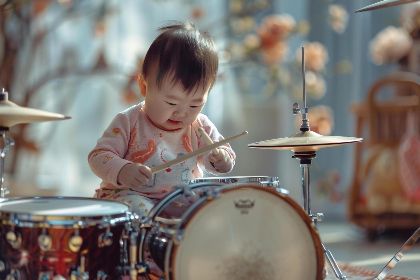 Baby Enthusiastically Drumming on a Toy Drum Set Creating Joyful Rhythms and Beats photo