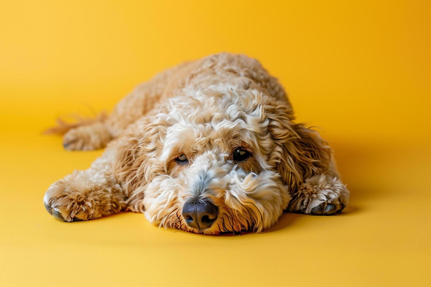 Dog Reposing on a Mustard Background Exhibiting a Tranquil and Relaxed Attitude photo